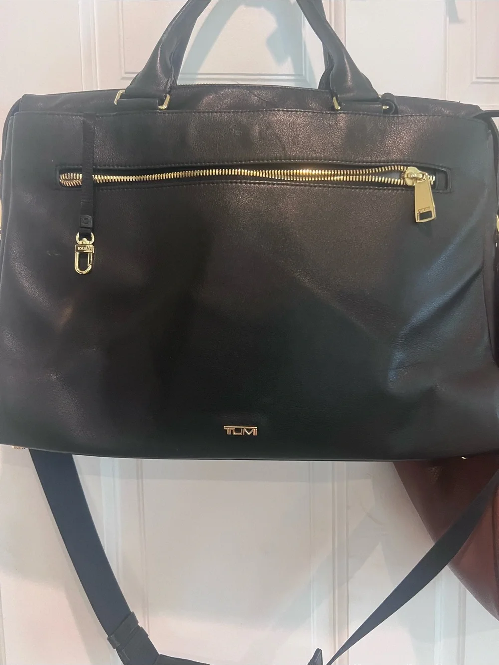 Tumi Black Leather Laptop Bag with Gold Hardware